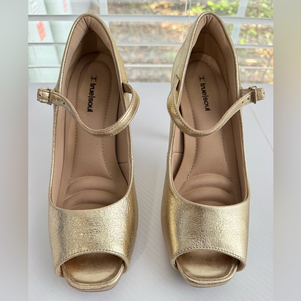 Gold Ankle Strap Peep Toe Heels